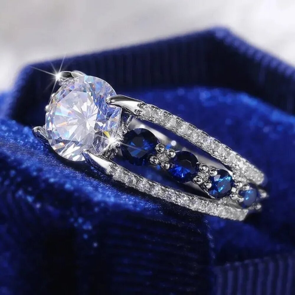 NIP Luxurious Banquet Creative Hollow out Sapphire Blue Zircon Ring - Size 7.5 - Picture 8 of 8